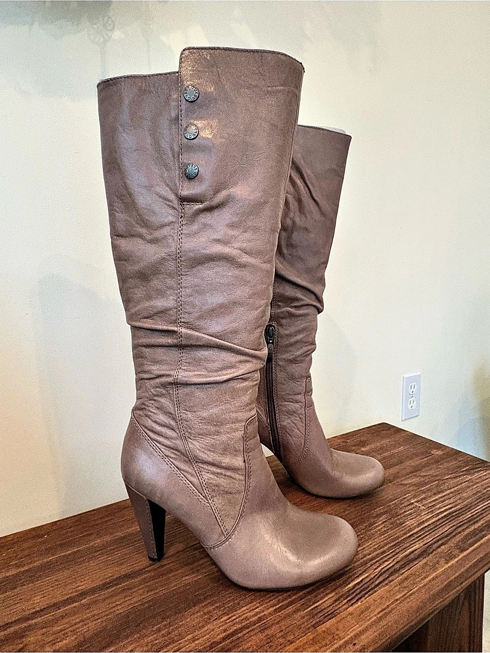 GUESS Gillian Leather Slouchy Knee High Heel Boots Taupe Grey 7.5